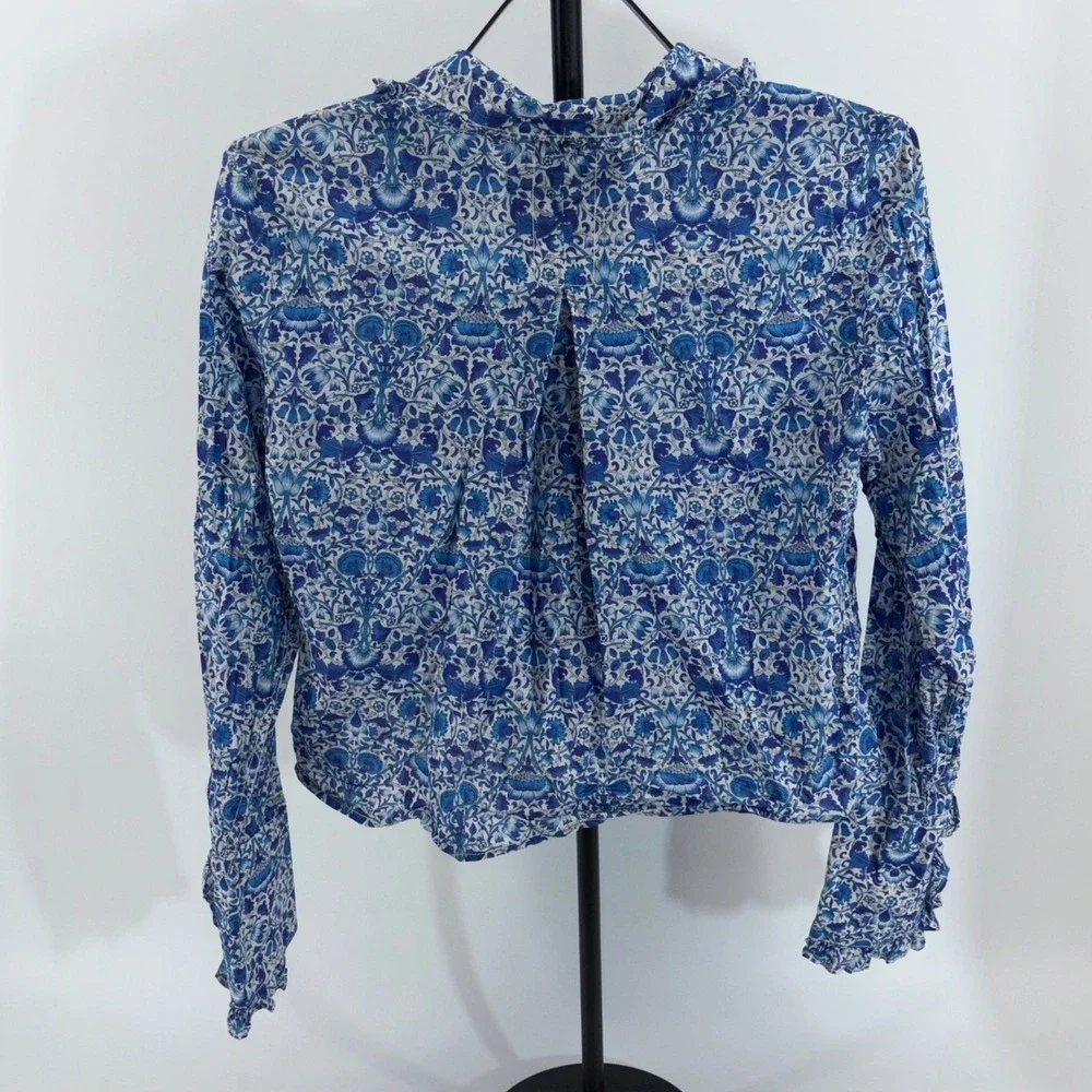 J.Crew Liberty Fabric Floral Cropped Button Up Shirt Blue White XS Ruffle Cuff